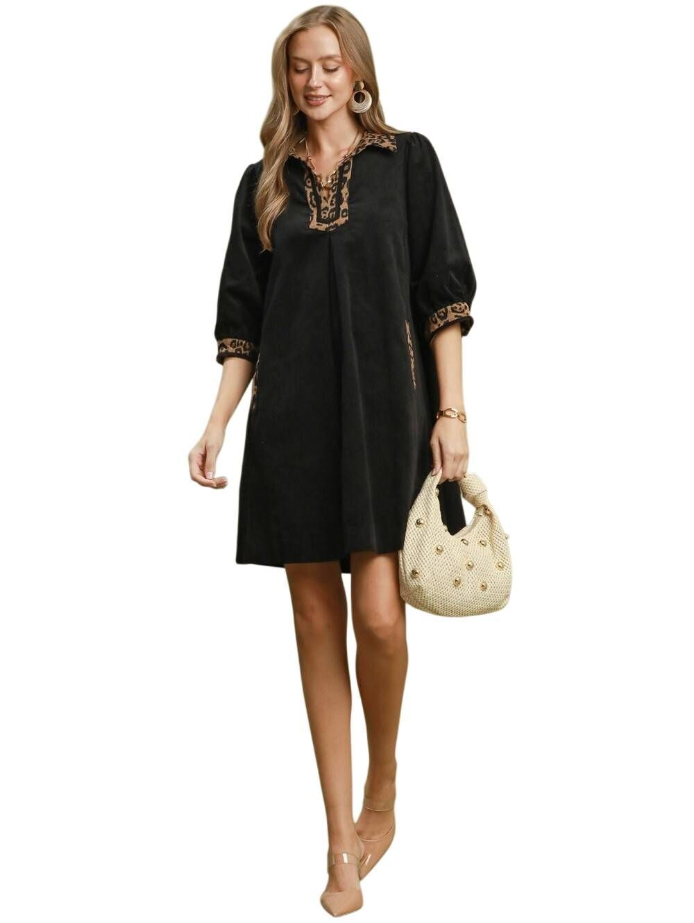 Umgee V-Neck Shift Dress with Contrast Leopard Trim V-Neck Puff Sleeve Dress Med